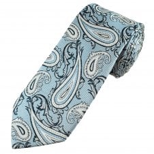 Luxury Light Blue, Silver & Navy Paisley Patterned Men's Silk Tie
