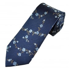Luxury Navy Blue, Light Blue & Beige Flower Patterned Men's Silk Tie
