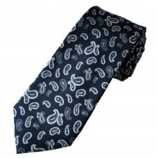 Luxury Navy Blue & Silver Paisley Patterned Men's Silk Tie