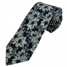 Luxury Navy, Light Blue & Ivory Flower Patterned Men's Wool Tie