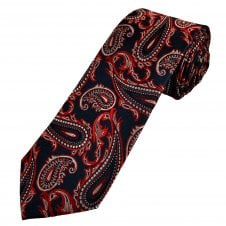 Luxury Navy, Red & Silver Paisley Patterned Men's Silk Tie