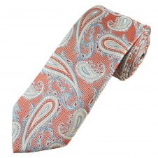 Luxury Red, Light Blue & Silver Paisley Patterned Men's Silk Tie