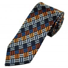Luxury Shades of Blue, Orange & Silver Patterned Men's Silk Tie