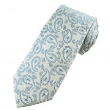 Luxury Silver & French Navy Paisley Patterned Men's Silk Tie