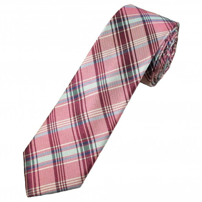 Michaelis Baby Pink, Fuchsia, Light Blue, Silver & Grey Checked Men's Silk Skinny Tie
