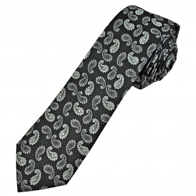 Michaelis Black & Silver Grey Paisley Pattern Men's Silk Skinny Tie
