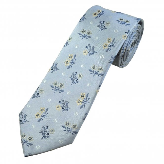 Michaelis Blue, Navy, Cream & Silver Grey Flower Pattern Men's Silk Tie