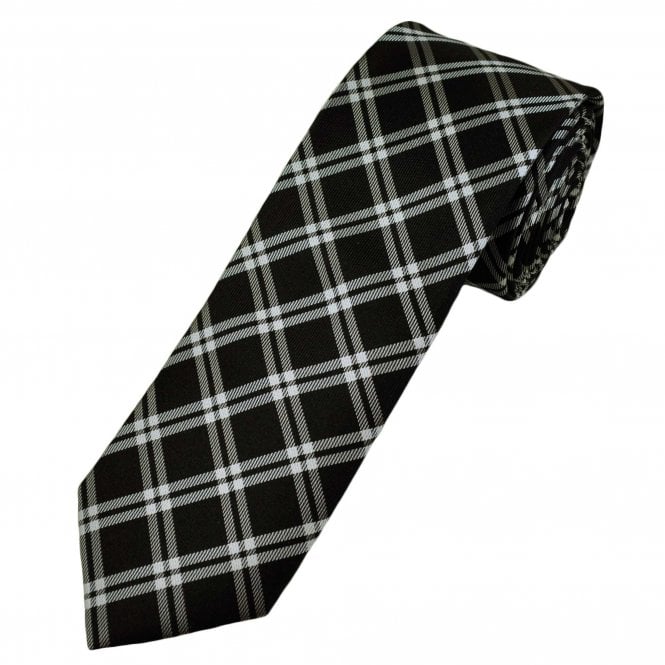 Michaelis Brown, Silver & White Checked Men's Silk Narrow Tie