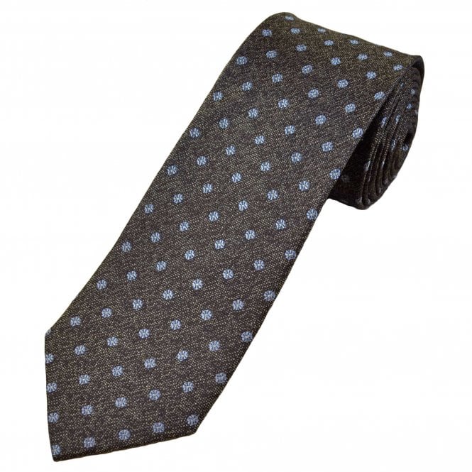 Michaelis Camel, Brown, Sky Blue & Silver Flower Pattern Men's Silk Tie