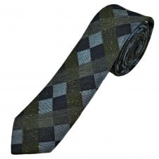 Michaelis Green, Navy, Light Blue & Grey Checked Men's Silk Blend Skinny Tie
