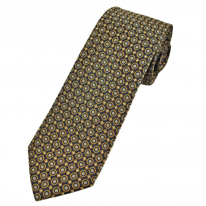 Michaelis Navy Blue, Gold & Silver Circle Pattern Men's Silk Tie