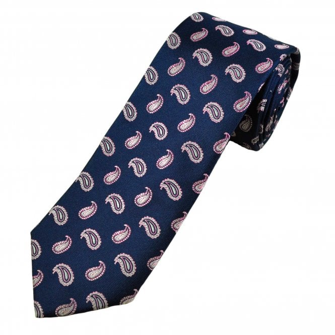 Michaelis Navy Blue, Pink & Silver Paisley Pattern Men's Silk Tie