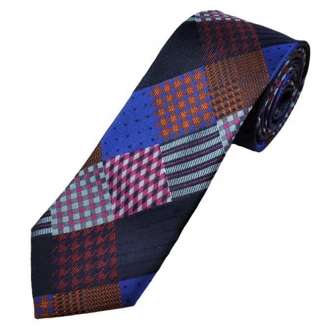 Michaelis Navy, Blue, Rust Orange, Pink, Silver, Red & Black Patchwork Pattern Men's Silk Tie