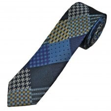 Michaelis Navy, Blue, Silver & Rust Orange Patchwork Patterned Squares Men's Silk Skinny Tie
