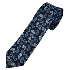 Michaelis Navy, Silver & Sky Blue Paisley Pattern Men's Silk Skinny Tie