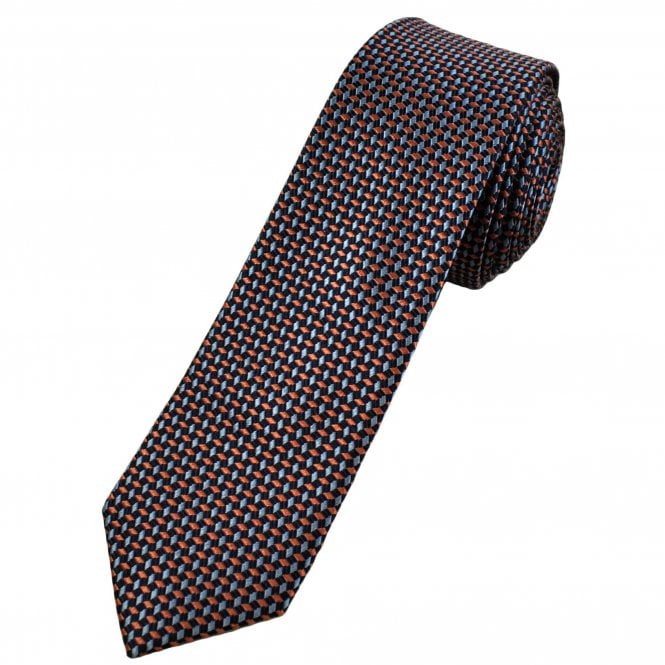 Michaelis Navy, Sky Blue & Rust Orange Pattern Men's Silk Skinny Tie