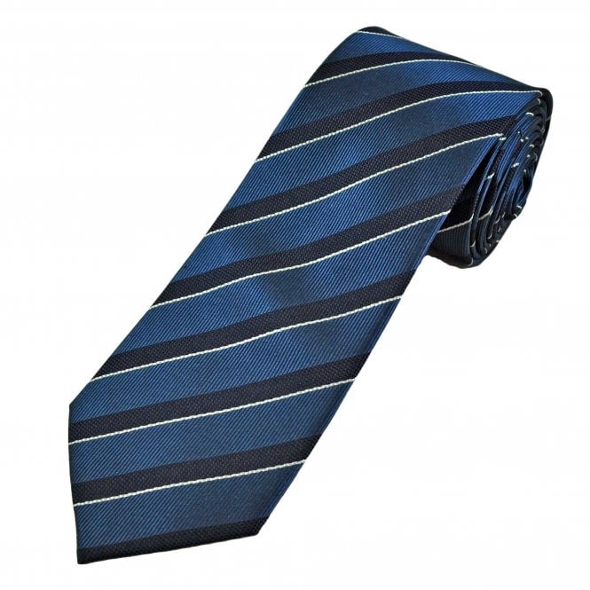 Midnight Blue, Silver White & Navy Stripe Men's Silk Tie
