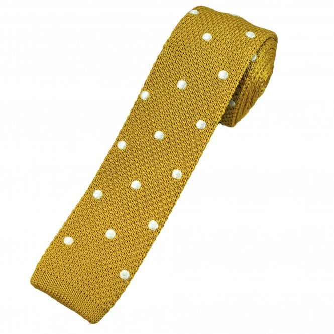 Mustard Gold & Cream Polka Dot Men's Skinny Knitted Tie