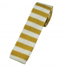 Mustard Gold & Ivory Horizontal Stripe Men's Skinny Knitted Tie