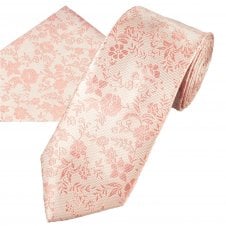 Natural & Dusky Pink Flower Patterned Men's Tie & Pocket Square Handkerchief Set