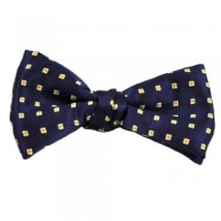 Navy, Beige & Gold Square Patterned Silk Bow Tie