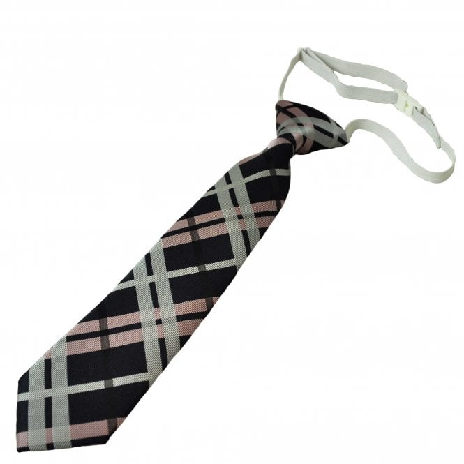 Navy, Black, Pink & Silver Checked Boys Skinny Tie On Elastic