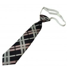 Navy, Black, Pink & Silver Checked Boys Skinny Tie On Elastic