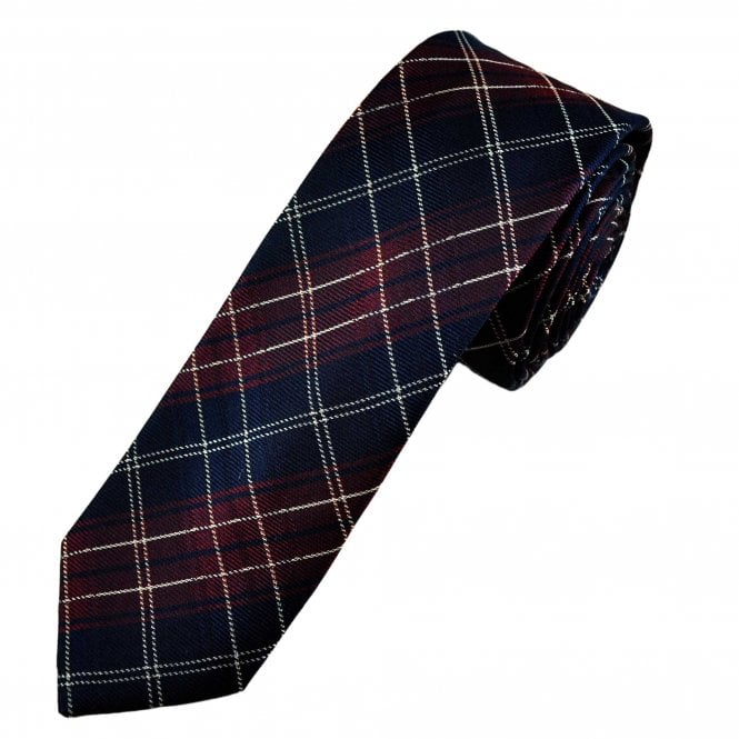 Navy Blue, Burgundy Red & White Checked Men's Silk Skinny Tie