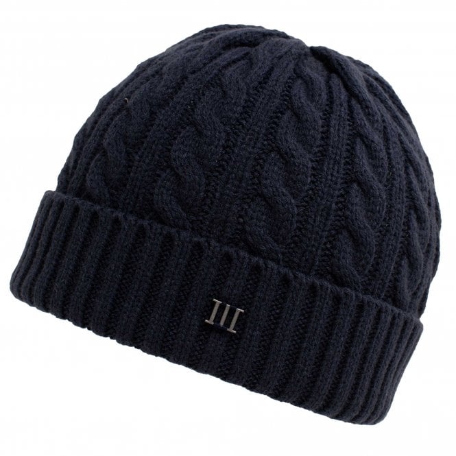 Navy Blue Cable Knit Beanie Hat with Metal Tresanti Logo