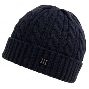 Navy Blue Cable Knit Beanie Hat with Metal Tresanti Logo