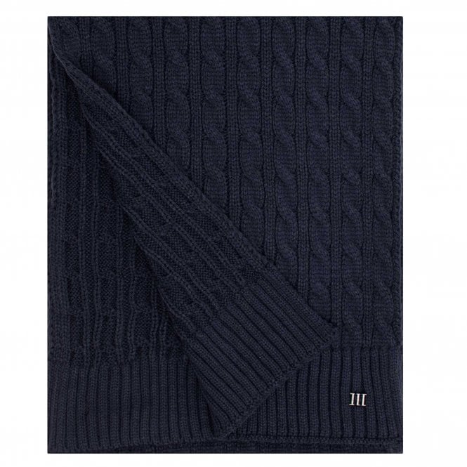 Navy Blue Cable Knit Winter Scarf with Metal Tresanti Logo