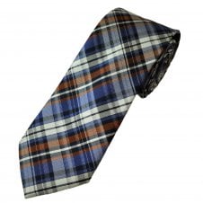 Navy Blue, Dark Blue, Burnt Orange & White Check Luxury Silk Men's Tie