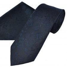 Navy Blue Floral Pattern Men's Tie & Pocket Square Handkerchief Set