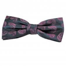 Navy Blue, Fuchsia Pink & Silver Paisley Patterned Men's Silk Bow Tie