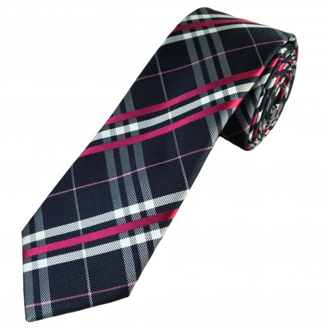 Navy Blue, Fuchsia, Pink & White Tartan Style Pattern Men's Skinny Tie