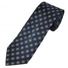 Navy Blue, Gold & White Flower Pattern Luxury Silk Men's Tie