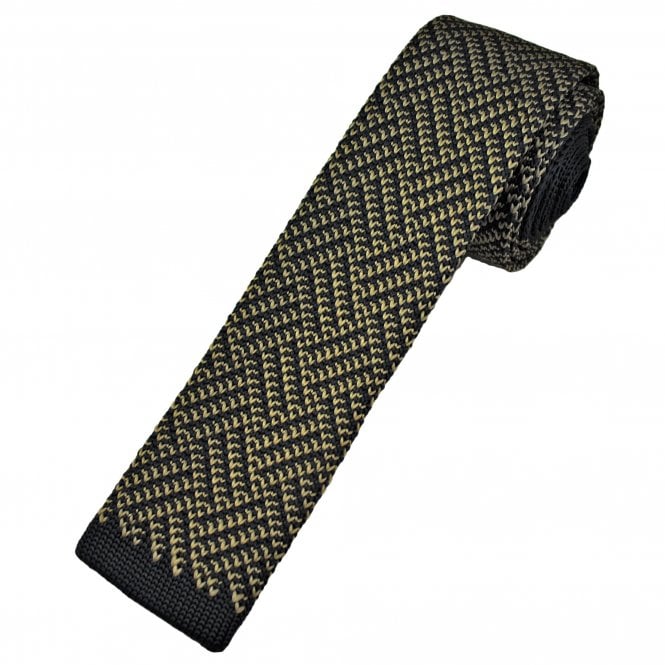 Navy Blue & Golden Beige Patterned Men's Knitted Tie