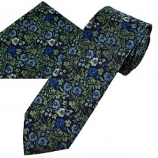 Navy Blue, Green, Light Blue, Royal Blue & White Flower Pattern Men's Tie & Hanky Set