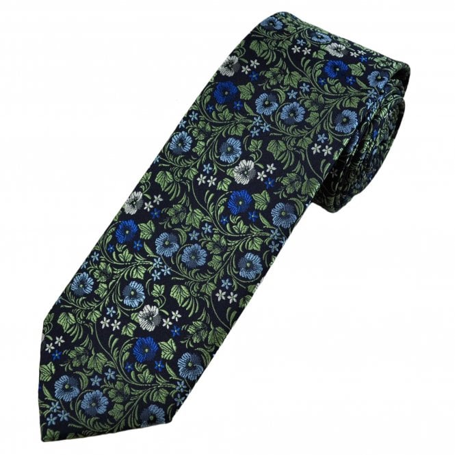Navy Blue, Green, Light Blue, Royal Blue & White Flower Pattern Men's Tie