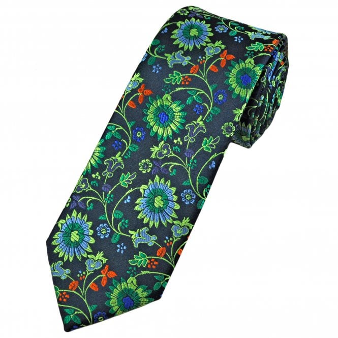 Navy, Blue, Green & Orange Floral Pattern Men's Tie