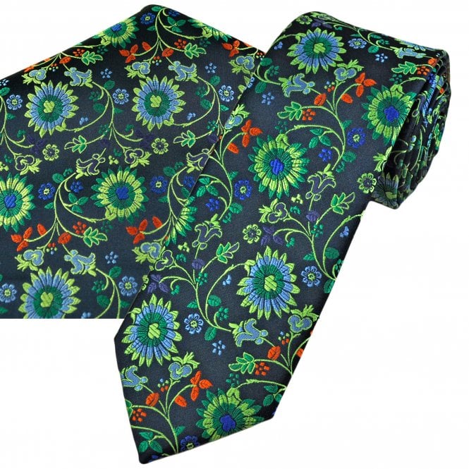 Navy, Blue, Green & Orange Floral Pattern Men's Tie & Pocket Square Handkerchief Set