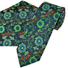Navy, Blue, Green & Orange Floral Pattern Men's Tie & Pocket Square Handkerchief Set