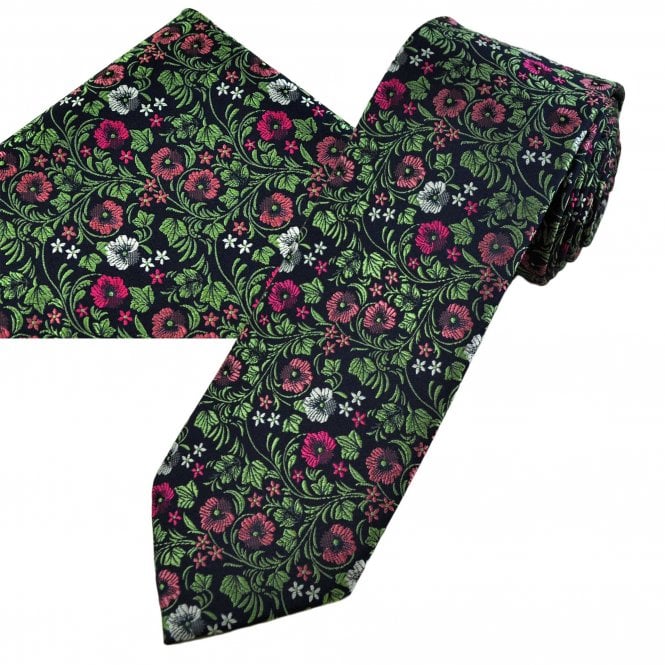 Navy Blue, Green, Pink & White Flower Pattern Men's Tie & Hanky Set