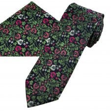 Navy Blue, Green, Pink & White Flower Pattern Men's Tie & Hanky Set
