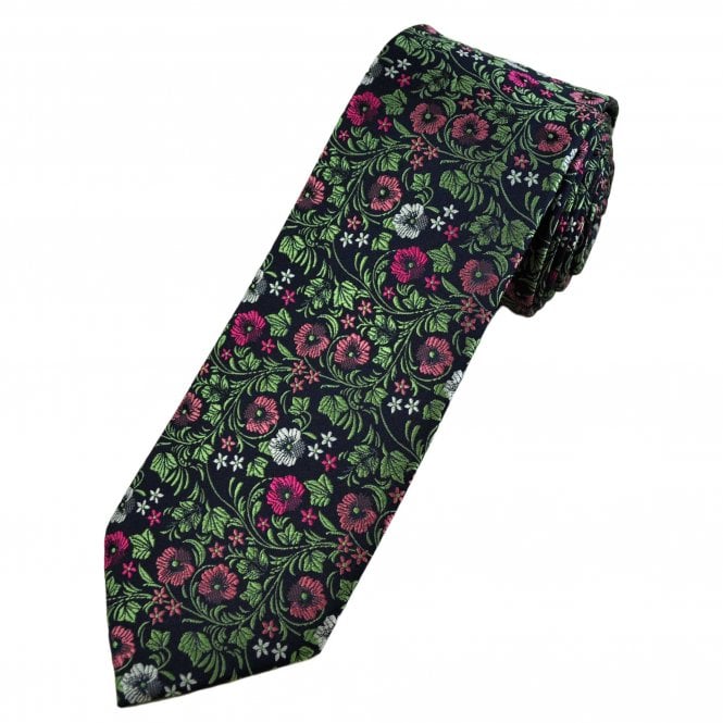 Navy Blue, Green, Pink & White Flower Pattern Men's Tie