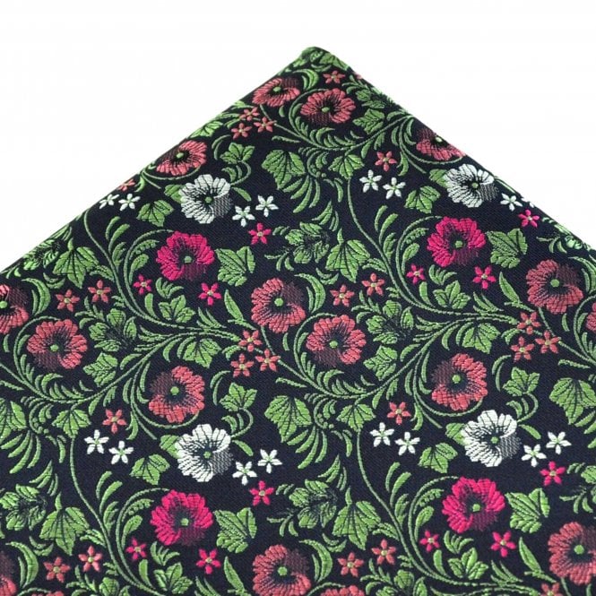 Navy Blue, Green, Pink & White Flower Pattern Pocket Square Handkerchief