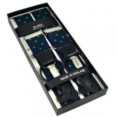 Navy Blue & Green Polka Dot Trouser Braces (with Black Leather Dual 2 in 1 Button and Clip Attachment)