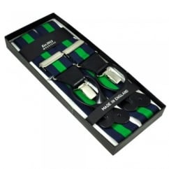 Navy Blue & Green Striped Trouser Braces (with Black Leather Dual 2 in 1 Button and Clip Attachment)
