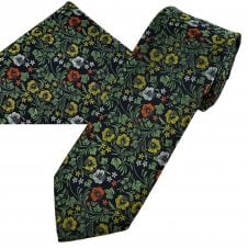 Navy Blue, Green, Yellow, Orange & White Flower Pattern Men's Tie & Hanky Set