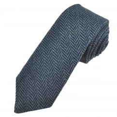 Navy Blue & Grey Herringbone Tweed Wool Tie